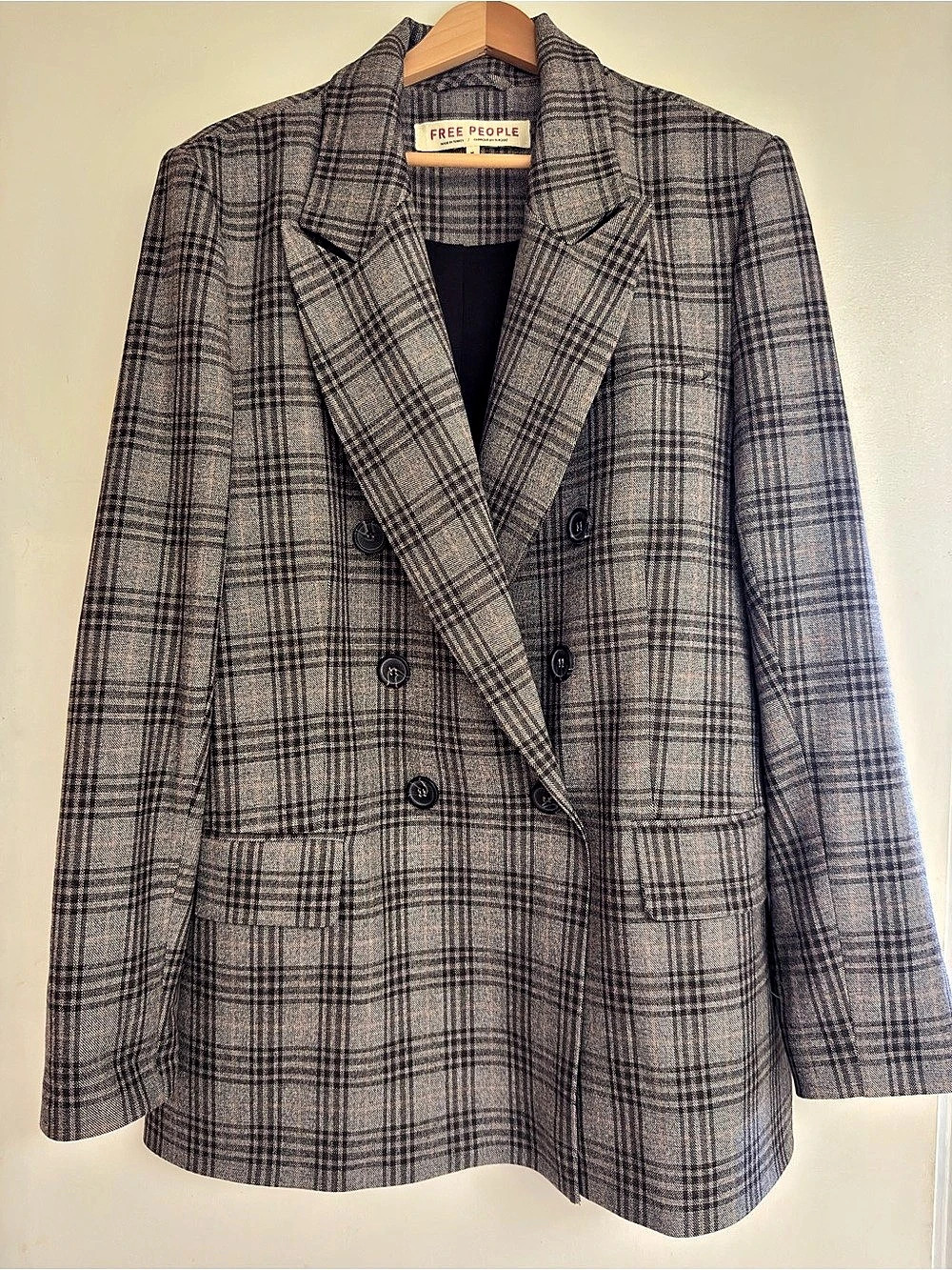 Free People Dean Double-Breasted Blazer Plaid Gray & Black